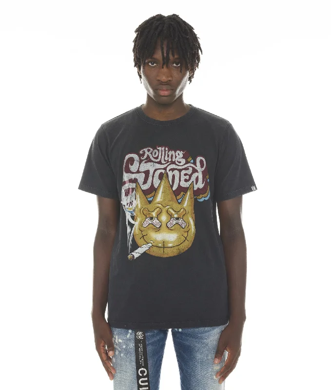 SHORT SLEEVE CREW NECK TEE ""ROLLING STONED"" IN BLACK/AC DC WASH