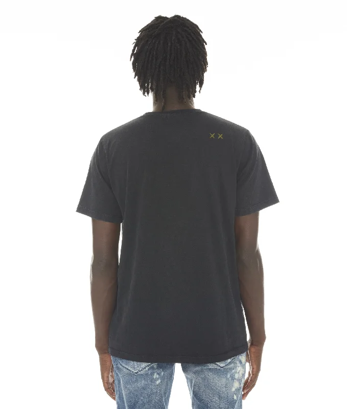 SHORT SLEEVE CREW NECK TEE ""ROLLING STONED"" IN BLACK/AC DC WASH