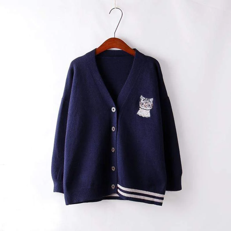 Women's Kawaii Cat Embroidered Pocket Striped  Splicing Pure Color Hem Cardigans