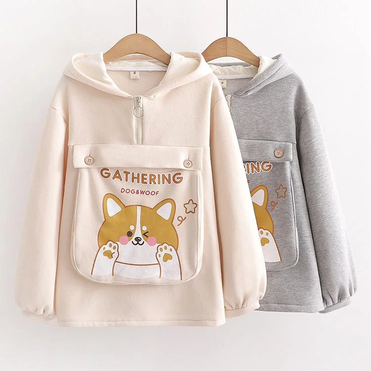 Women's Kawaii Dog Printed Big Pocket Hoodies With Dog Ear Hood