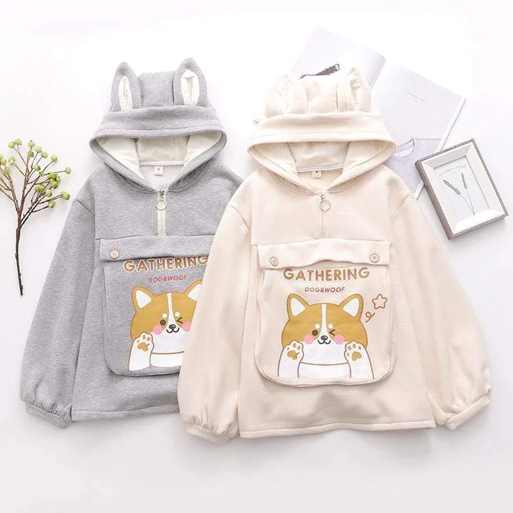 Women's Kawaii Dog Printed Big Pocket Hoodies With Dog Ear Hood