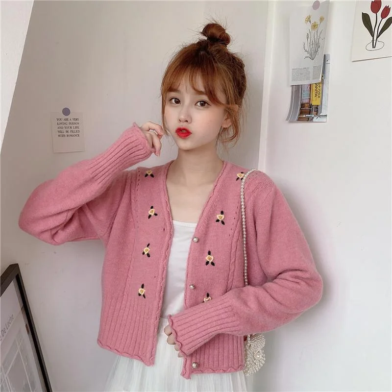 Women's Kawaii Puff Sleeved Floral Knitted Cardigan