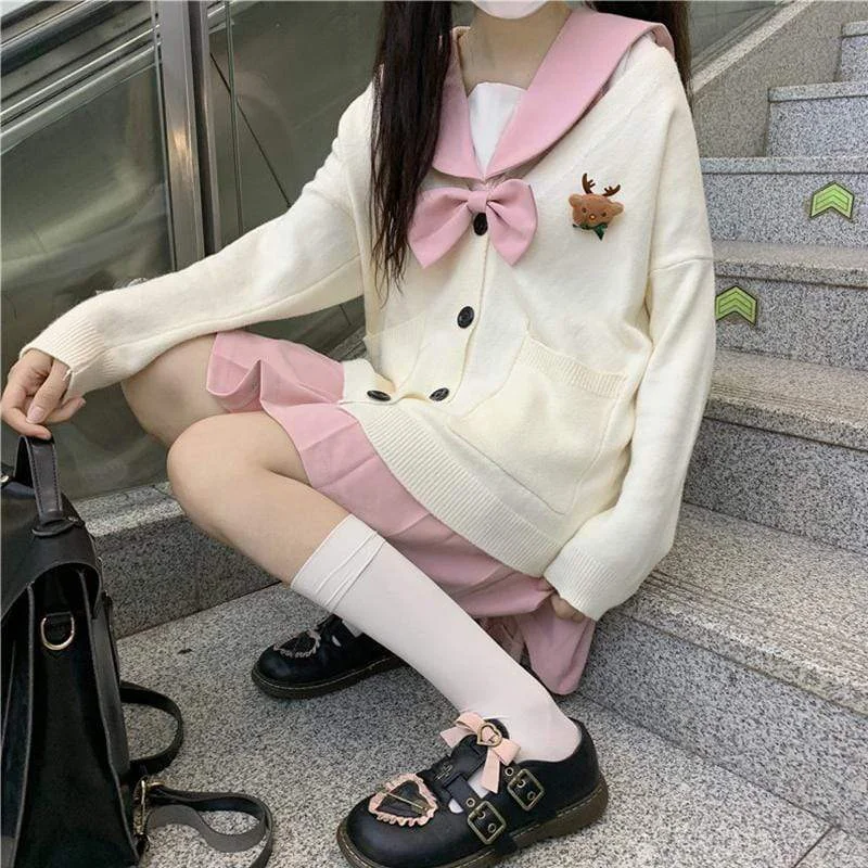 Women's Kawaii Single-breasted Pure Color Cardigans With Pink Collor Shirt And Deer Brooch