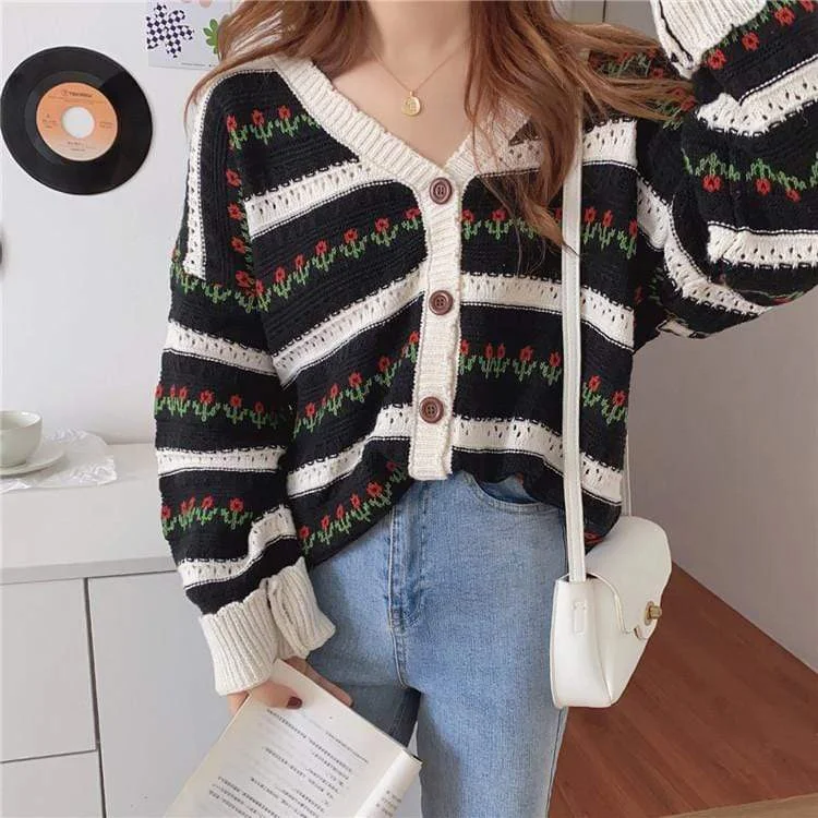 Women's Kawaii Stripe Floral Knitted Cardigan