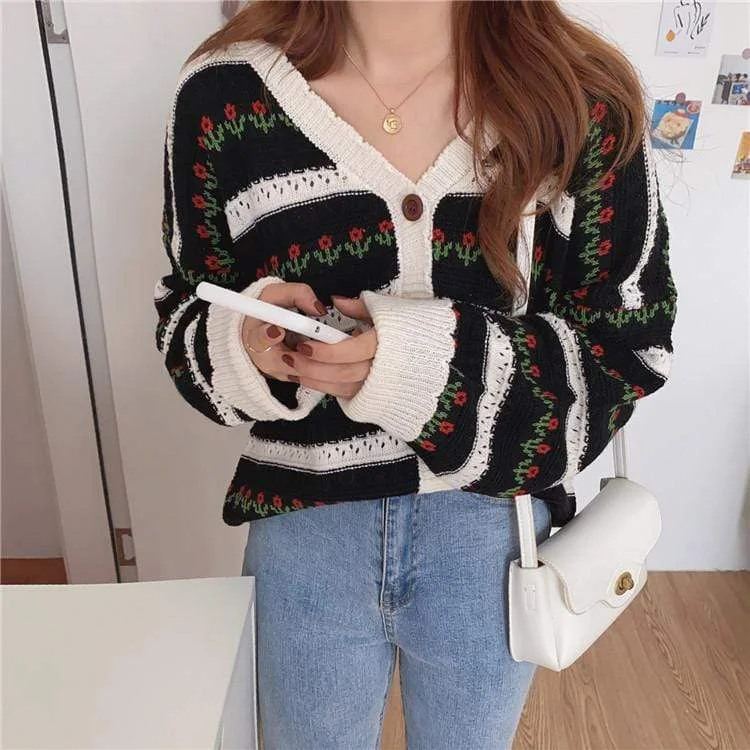 Women's Kawaii Stripe Floral Knitted Cardigan