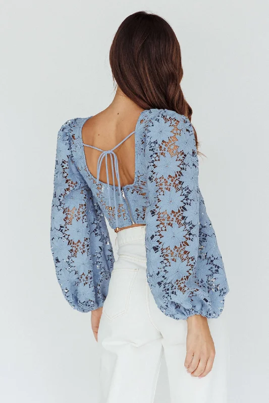 Arriana Balloon Sleeve Lace Crop Top Blue