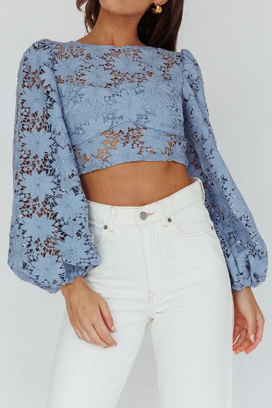 Arriana Balloon Sleeve Lace Crop Top Blue