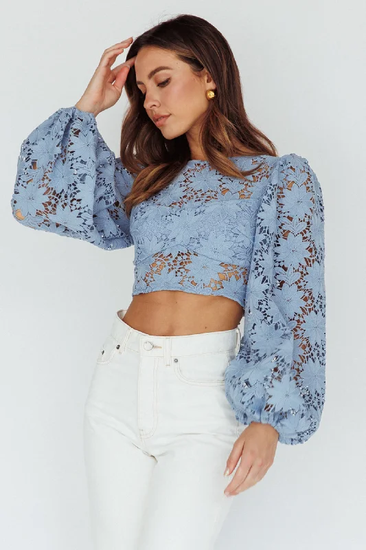 Arriana Balloon Sleeve Lace Crop Top Blue