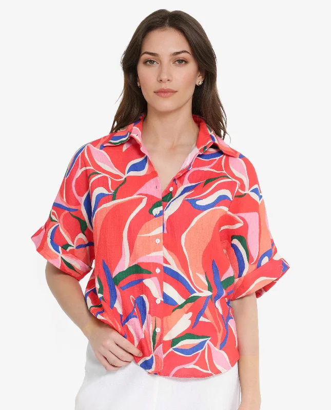 Rareism Women's Babuto-T Multi Short Sleeve Tie-Up Neck Button Closure Abstract Print Shirt