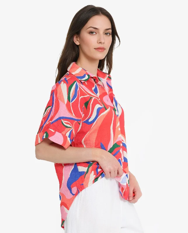 Rareism Women's Babuto-T Multi Short Sleeve Tie-Up Neck Button Closure Abstract Print Shirt