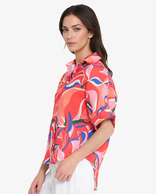 Rareism Women's Babuto-T Multi Short Sleeve Tie-Up Neck Button Closure Abstract Print Shirt