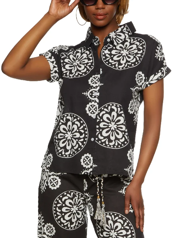 Printed Button Front Short Sleeve Top