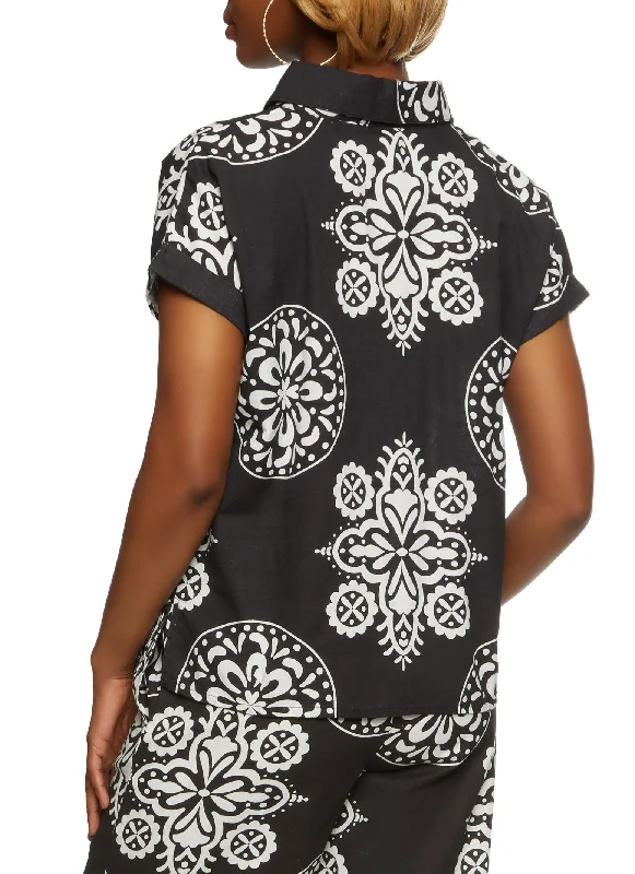 Printed Button Front Short Sleeve Top