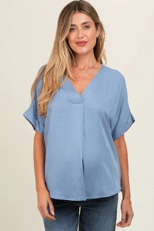 Blue V-Neck Pin-Tuck Detail Maternity Top