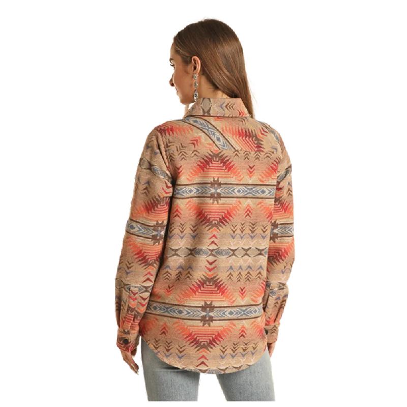 BW92C01932 Rock & Roll Women's Long Shacket Tan Print