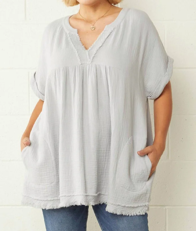 Crinkled Plus Top With Frayed Hems In Dusty Blue