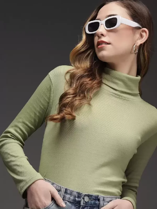 TANDUL  Solid High Neck Casual Women Green Sweater