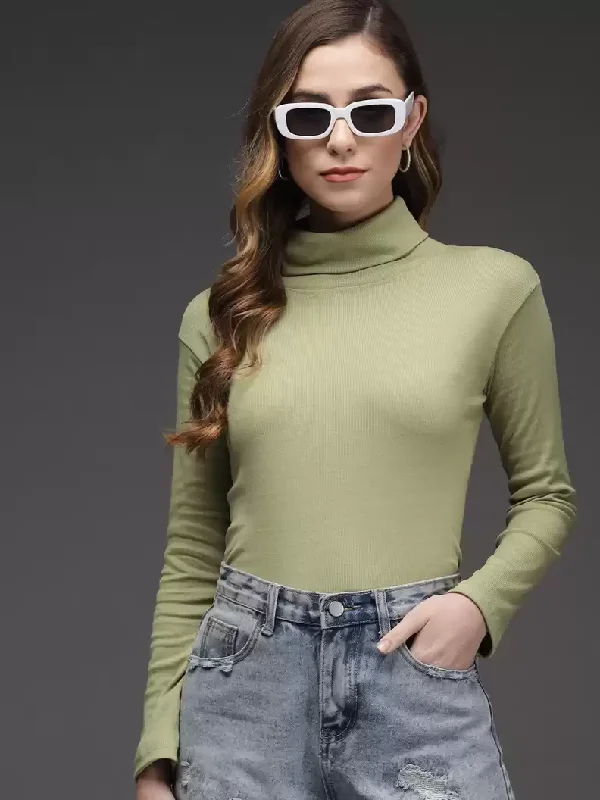 TANDUL  Solid High Neck Casual Women Green Sweater