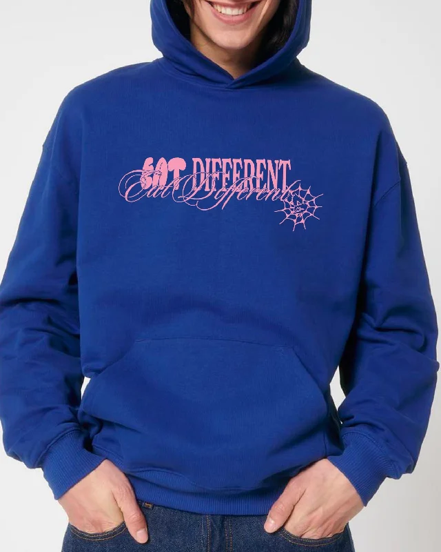 Eat Different Deluxe Organic Box Hoodie - Pink on Cobalt Blue