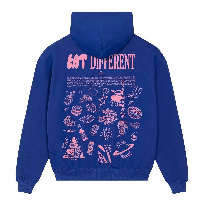 Eat Different Deluxe Organic Box Hoodie - Pink on Cobalt Blue