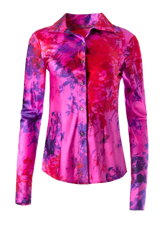 Fitted Silk Ice-Dye Button Up Shirt In Fuschia