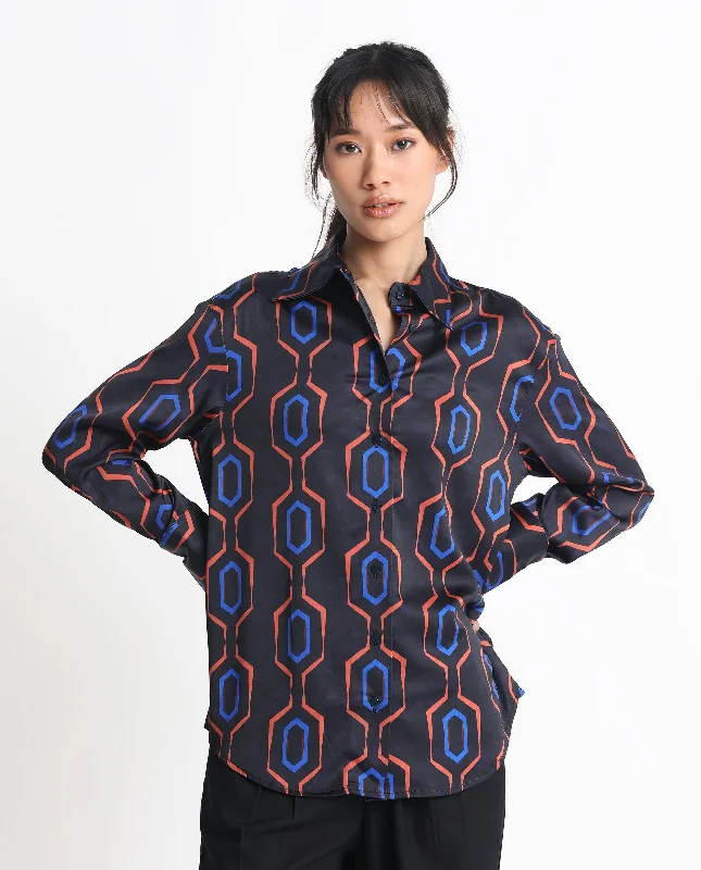 Rareism Women'S Harbe Black Polyester Fabric Full Sleeves Button Closure Shirt Collar Regular Fit Geometric Print Shirt