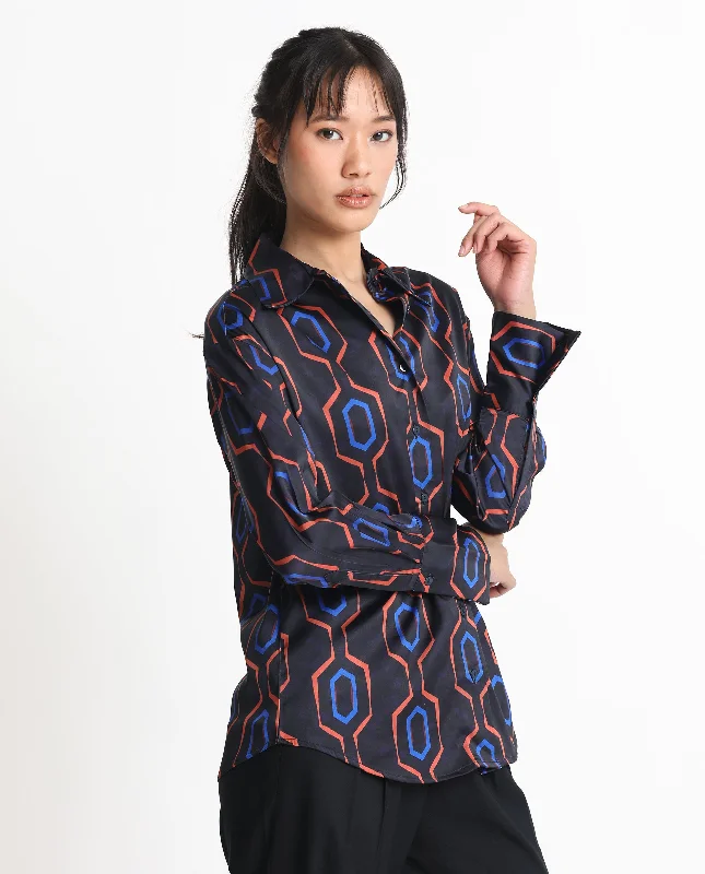 Rareism Women'S Harbe Black Polyester Fabric Full Sleeves Button Closure Shirt Collar Regular Fit Geometric Print Shirt