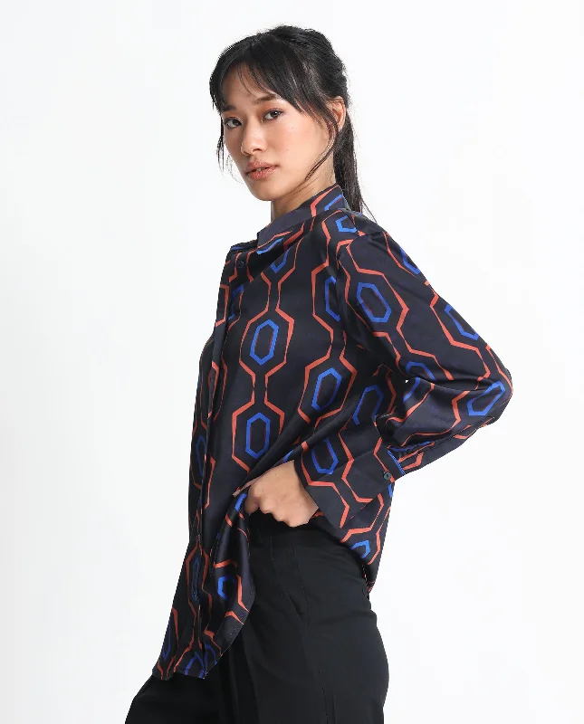 Rareism Women'S Harbe Black Polyester Fabric Full Sleeves Button Closure Shirt Collar Regular Fit Geometric Print Shirt