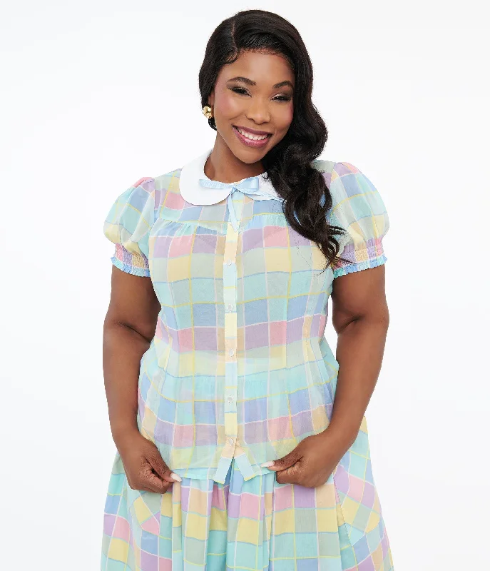 Hell Bunny Plus Size 1950s Pastel Check Collared Skye Blouse