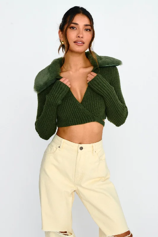 Hollyoak Fur Collar Knit Crop Top Dark Olive