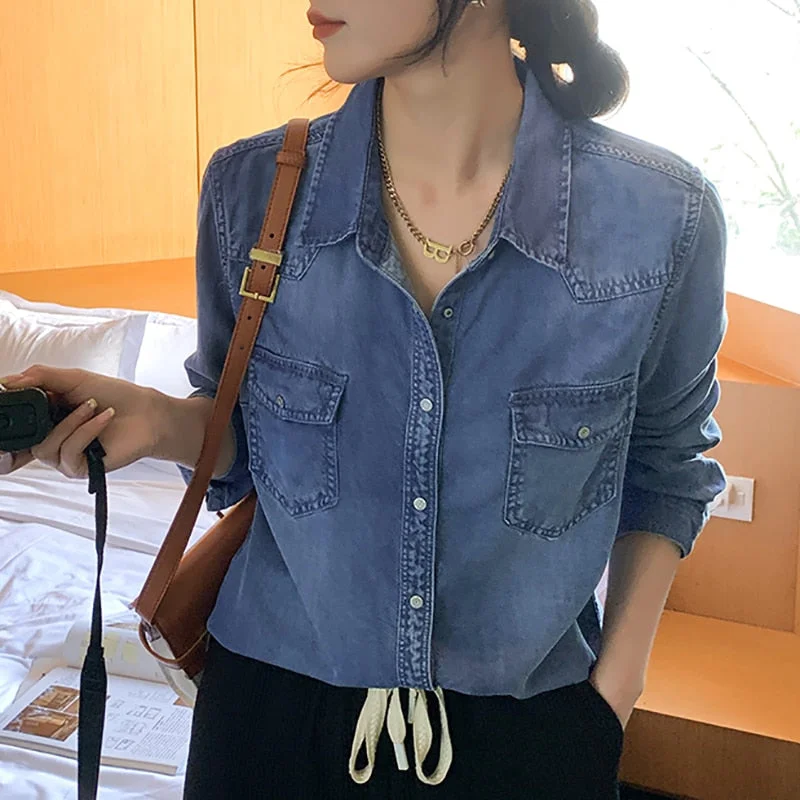 Jeans Shirt for Women Spring  New Long Sleeve Turn Down Collar Oversized Blouses Korean Vintage Casual Long Top