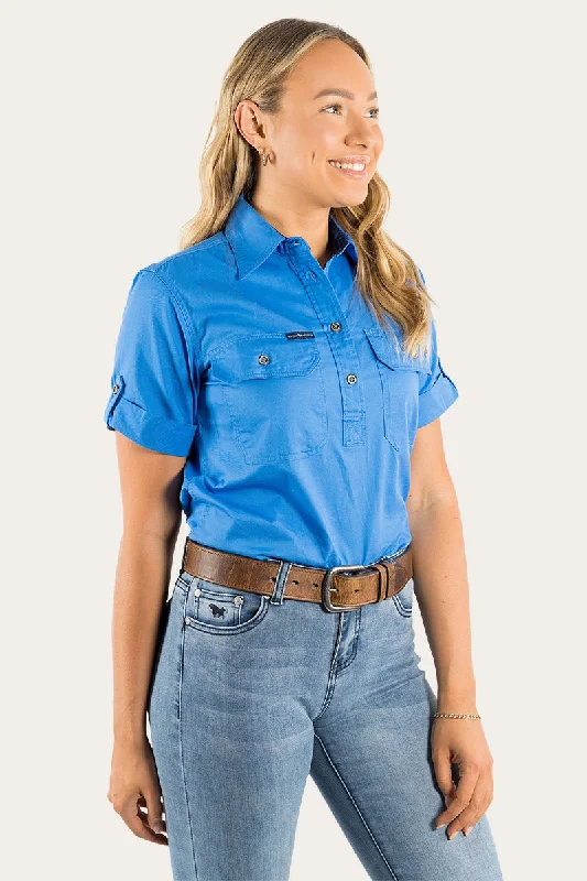 Jules Womens Half Button Short Sleeve Work Shirt - Blue