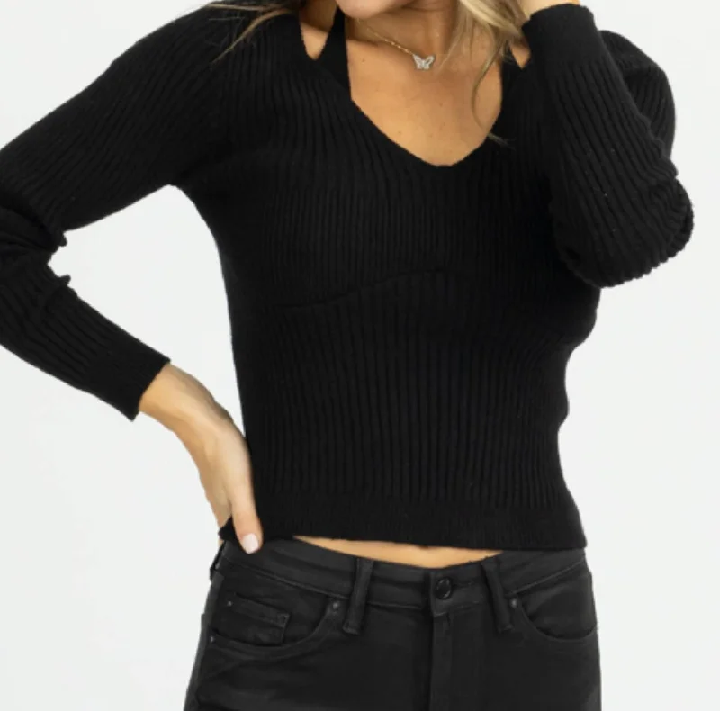 Knit Collar Tie Long Sleeve Top In Black