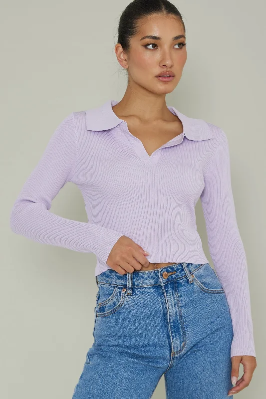 Lake Days Collared Knit Top Lilac