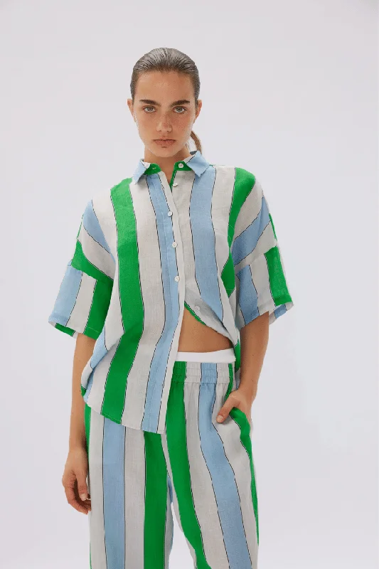 Marala Short Sleeve Linen Shirt Stripe Verde/Azure