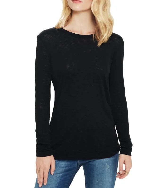 Long Sleeve Classic Slub Cotton Top In Black