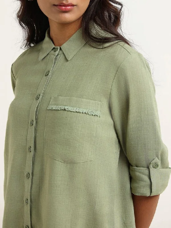 LOV Self-Patterned Green Cotton Shirt