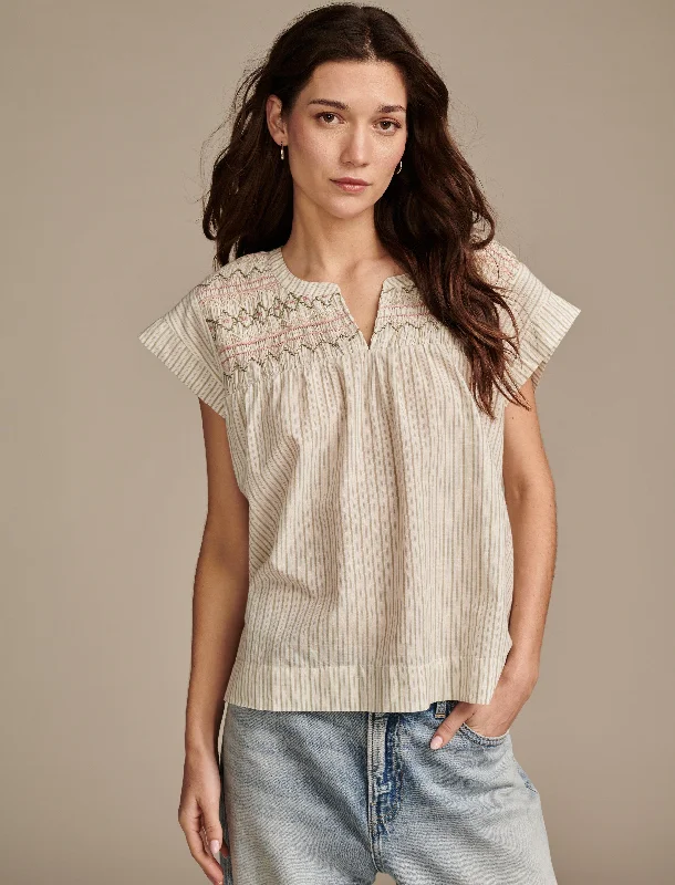 Lucky Brand Women's Short Sleeve Smocked Blouse