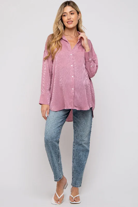 Mauve Striped Button Up Maternity Top