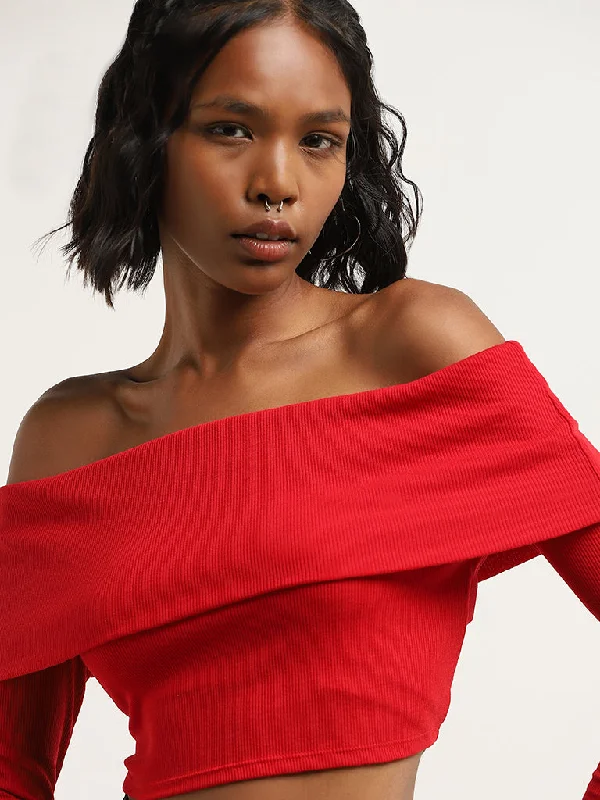 Nuon Red Ribbed Textured Off-Shoulder Crop Top