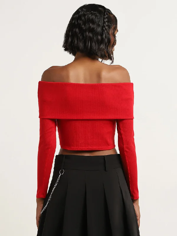 Nuon Red Ribbed Textured Off-Shoulder Crop Top