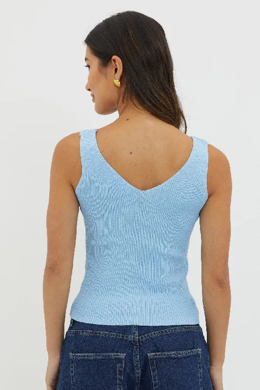 Off-Duty V-Neck Ribbed Knit Top Baby Blue