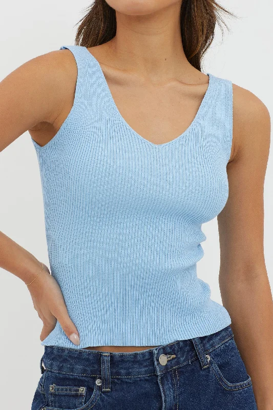 Off-Duty V-Neck Ribbed Knit Top Baby Blue