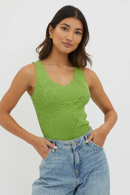 Off-Duty V-Neck Ribbed Knit Top Green