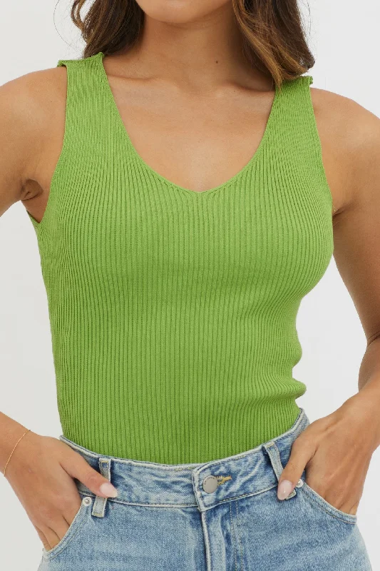 Off-Duty V-Neck Ribbed Knit Top Green