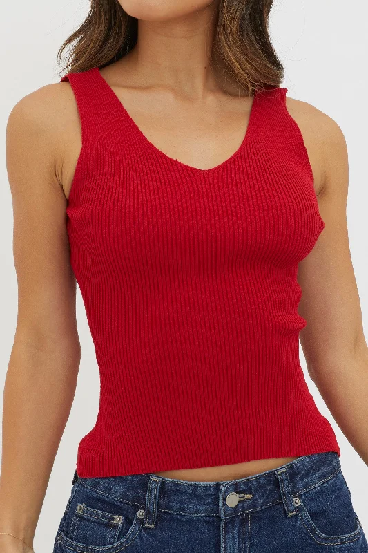 Off-Duty V-Neck Ribbed Knit Top Maroon