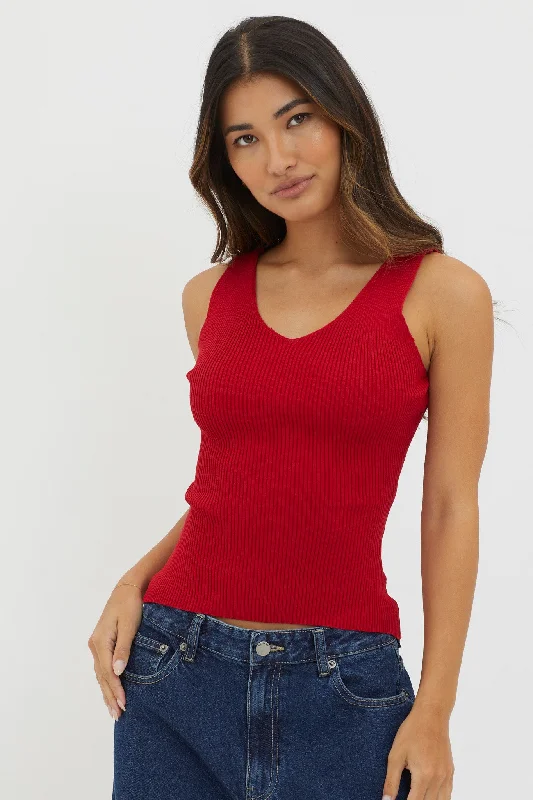 Off-Duty V-Neck Ribbed Knit Top Maroon