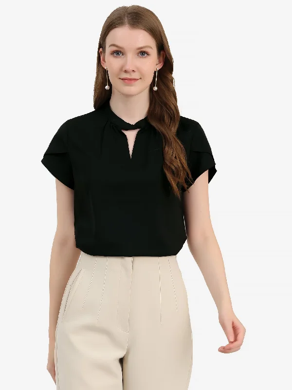 Work Keyhole Elegant Stand Collar Petal Sleeve Chiffon Blouse