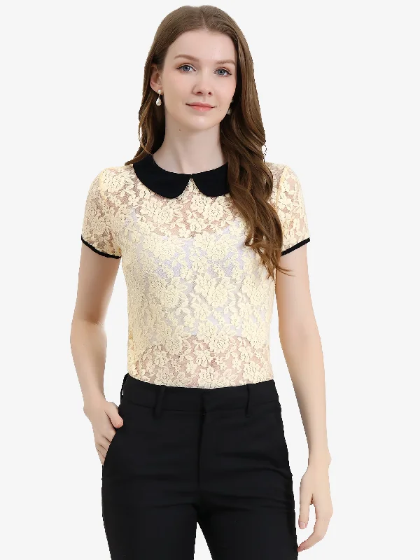 Contrast Peter Pan Collar Blouse Short Sleeve Sheer Lace Top