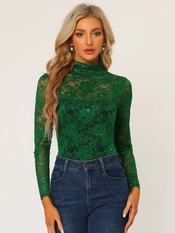 See Through Long Sleeve Turtleneck Sheer Floral Lace Blouse